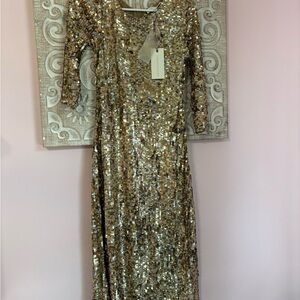 LoveShackFancy Gold Sequin Long Sleeve Dress